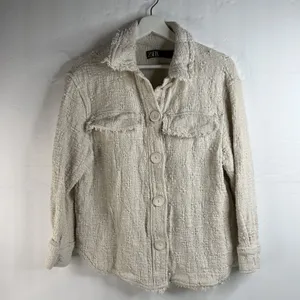 Zara Size S Shacket Jacket Cream Boucle Tweed Cropped Oversized Long Sleeve thumbnail 3
