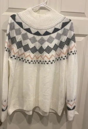 Vince Camuto Womens Medium Ivory Fair Isle‎ Mock Neck Pullover Sweater Knit thumbnail 1