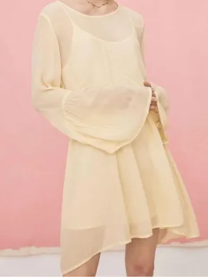 Anthropologie LACAUSA Butter Yellow Sheer Bell Sleeve Babydoll Mini Dress NWT thumbnail 1