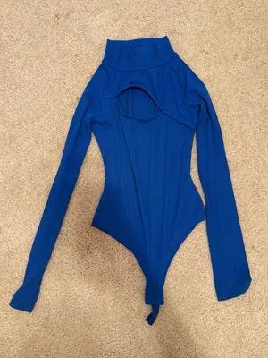 Ribbed Cutout Long sleeve bodysuit with mock turtle neck - Blue thumbnail 1