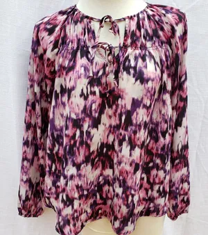 Simply Vera Vera Wang Pink Purple Watercolor Split Neck Boho Blouse Top Size L thumbnail 1