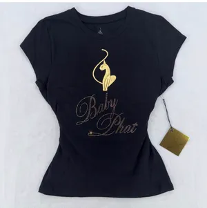 Title 🛍️ NWT Baby Phat Women's Black & Gold Rhinestone Logo T-Shirt - Size L ✨ thumbnail 5