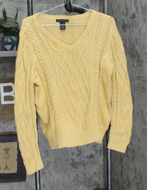 Preswick & Moore Womens Cable Knit Pullover V-Neck Sweater Yellow L thumbnail 1