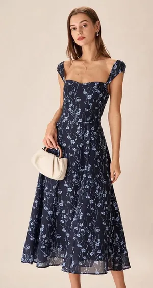 RIHOAS Navy Floral Sweetheart Neck Midi Dress thumbnail 1