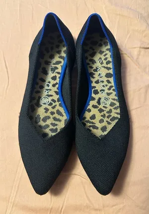 Rothy's Black Pointed Knit Flats with Blue Trim and Leopard Insole thumbnail 1