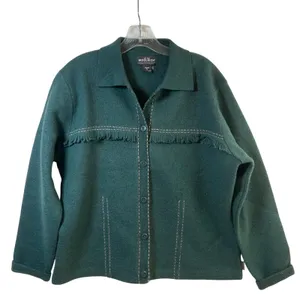 Woolrich Womens XL‎ Mallard Green 100% Wool Fringed Button Front Jacket Western thumbnail 1
