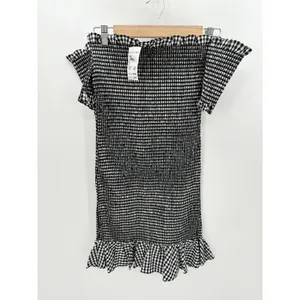 WAYF Dress Women MEDIUM NWT Black White‎ Gingham Smocked Off Shoulder Mini thumbnail 2