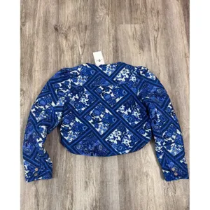 7 For All Mankind Woman Blue Floral Tile Quilted Cropped Jacket Size Medium NeW thumbnail 2