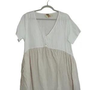 Cynthia Rowley Large Linen Mini Dress White Tan Colorblock V-Neck Short Sleeve thumbnail 2