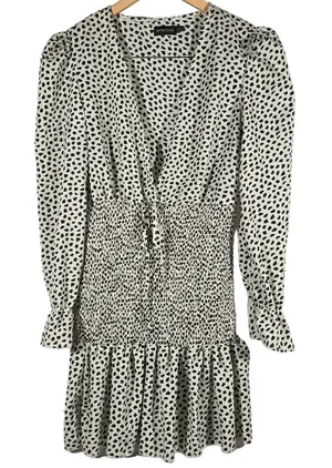 PrettyLittleThing Black Dalmatian Print Smocked Waist Tie Front Mini‎ Dress 6 thumbnail 1