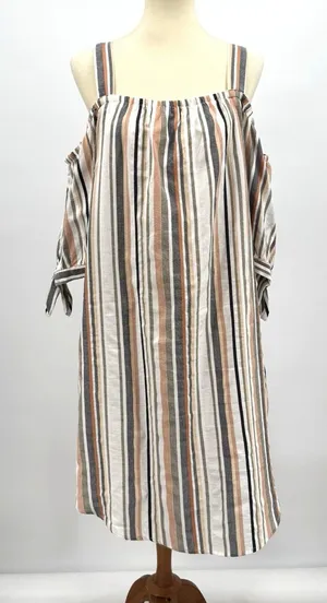 Hint of Blush Striped Cold Shoulder Midi Dress Plus 3X Boho Tie Sleeve Cotton thumbnail 1