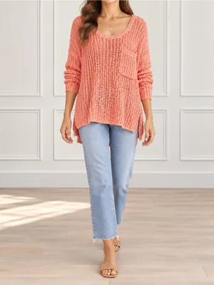 Free People Greenwich Village Sweater Sz M Coral Open Knit Oversized Tunic Boho thumbnail 11
