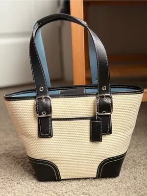 Vintage Coach 4467 Straw Leather Mini Tote Bag Black Trim Y2K Authentic thumbnail 1
