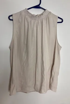 White House Black Market Blouse Womens 10 Beige Excellent Smocked Embroidered thumbnail 1