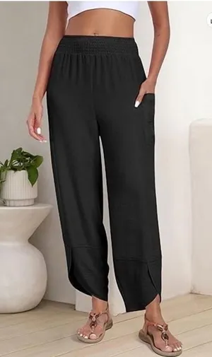NWT ~ Women's Black Summer Casual Wide Leg Split Hem Palazzo Pants ~ Ladies MED thumbnail 1