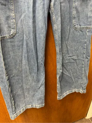 Gap Pull On Wide Leg Cargo Denim Jeans Cotton Tie Waist Medium Wash Blue Medium thumbnail 9