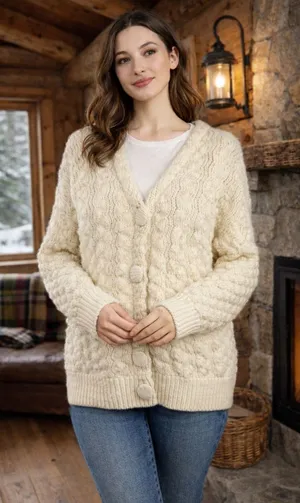POL Chunky V-Neck Bubble Cardigan Sweater in Ivory. Size M. thumbnail 1
