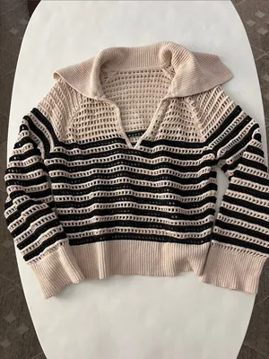 J. Crew Crochet Sailor Collar Open Knit Neutral Stripe Pullover Sweater Cotton M thumbnail 4