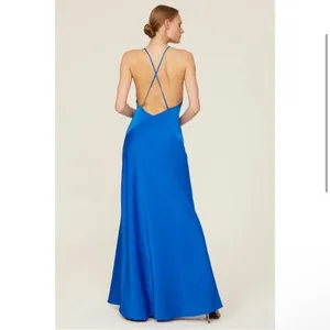 Aidan Mattox Azure Blue V-Neck Satin‎ Halter Bias Draped Gown Dress thumbnail 3
