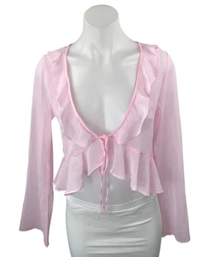 NEW Edikted Pink Ruffle Tie Front Long Sleeve Sheer Peplum Crop Coverup Top Sz S thumbnail 1