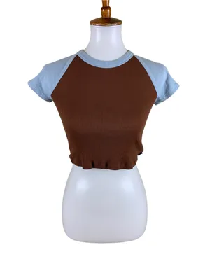 Tna Brown Blue Colorblock Ribbed Baby Tee Crop Top Y2K 90s Minimalist S thumbnail 2