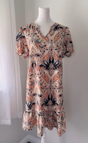 Multicolored Floral Print Ruffle Hem V-Neck Short Sleeve Knee Length Dress thumbnail 1
