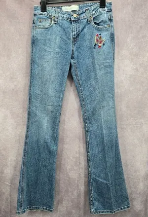 Mossimo Supply Co Denim Blue‎ Jean Flare Bottoms Floral Pants Junior Size 7 thumbnail 1