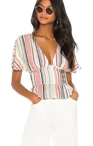 House Of Harlow x REVOLVE Striped Linen Blend Bell Sleeve V Neck Blouse Size S thumbnail 1