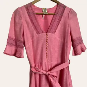 Vintage Pink Lace Trim Ruffle Flounce Hem Belted Midi Dress S thumbnail 2