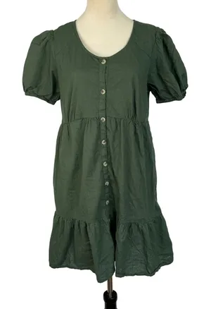 Honey Button Front Dress Puff‎ Sleeve Tiered Hem Casual Green Women's Large thumbnail 1