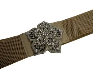 Rhinestone Floral Stretch Waist Belt Y2K Boho‎ Glam Beige 40" thumbnail 1