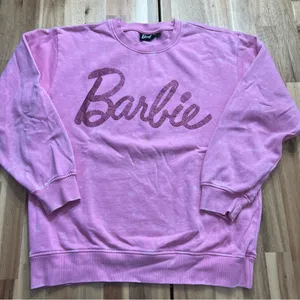 Barbie Pink Glitter Logo Sweatshirt Women’s Medium | Cozy Retro Crewneck thumbnail 1