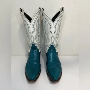 Justin Boots Vintage White Teal Western Cowgirl Boots Lizard Stitch 6.5 RARE thumbnail 2