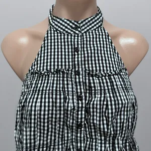 Free People Take It Easy Gingham Halter Top Black White Plaid Small Buttons thumbnail 6
