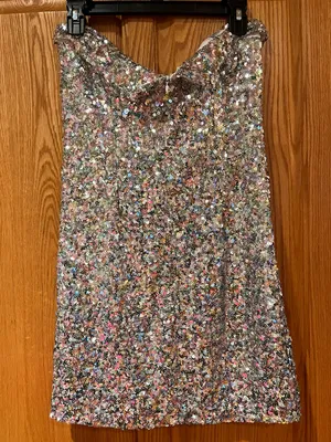 Mable Silver Allover Sequin‎ Bodycon Strapless Mini Dress Front Slit Size Large thumbnail 3