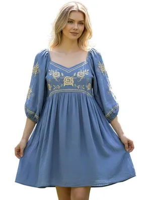 Savanna Jane Babydoll Dress 1X Blue New Floral Embroidered‎ Boho Puff Sleeve thumbnail 1