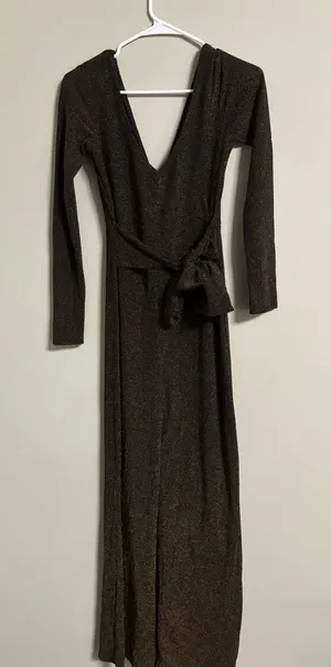 Lulus Black Gold Long Sleeve Jumpsuit V Neck Wide Leg Belted New Years Small thumbnail 1
