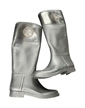 Tory Burch Women's Tall Black Rubber Leather Riding Boots Size 7M *note flaw thumbnail 1