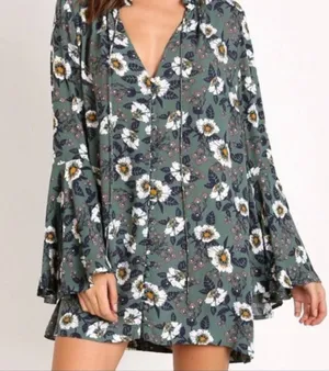 O Free People Green Floral V-Neck Long Sleeve Swing Dress S thumbnail 1