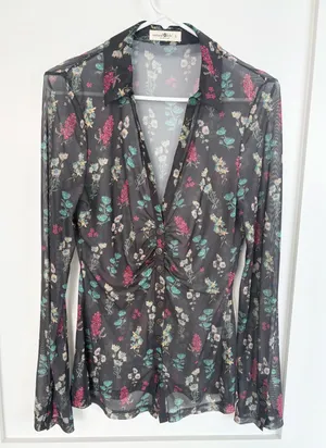 Natural Life Carina Mesh Top Floral Sheer Ruched Button Front Boho Whimsigoth-L thumbnail 1