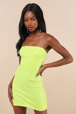 NWT Lulus Unstoppable Glow Neon Yellow Sequin Strapless Mini Dress Glam Bling M thumbnail 1