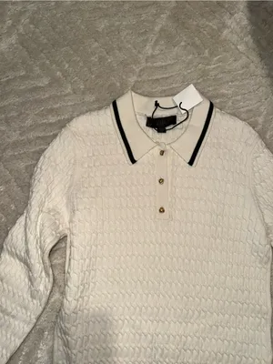 NWOT Zara Cream Knit V-Neck Polo Sweater with Black Trim thumbnail 2