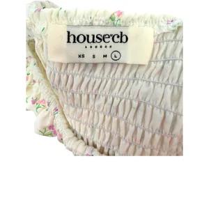 House of CB Gianna Cream Pink Floral Smocked Tie Shoulder Mini‎ Dress Milkmaid L thumbnail 5