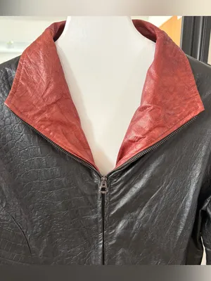 VERA PELLE Black & Rust Brown Alligator Print Leather Jacket thumbnail 2