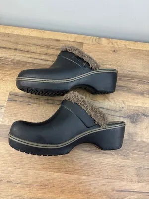 Crocs Eva Faux Fur Lined Wedge Clogs Mules Brown thumbnail 10