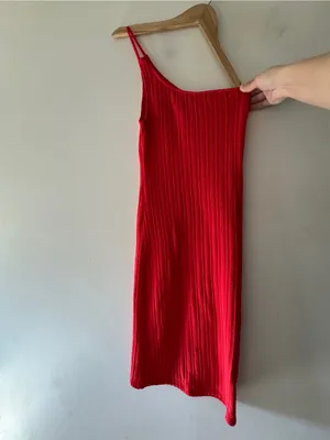 ZARA Asymmetric One Shoulder Midi Cable‎ Knit Red Dress thumbnail 3