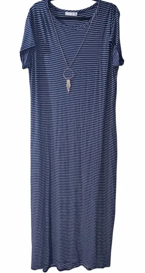 NWOT Plus Size Navy Blue Striped Maxi Dress Detachable Necklace 3X thumbnail 1
