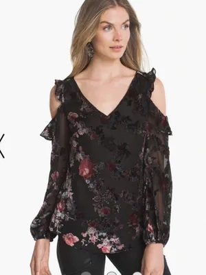 3/$30 White House Black Market | Black Velvet Floral Cold Shoulder Top 4 thumbnail 3