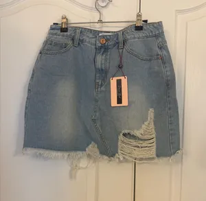 Denim Blvd Denim Distressed Mini Skirt - Light Blue NWT thumbnail 1