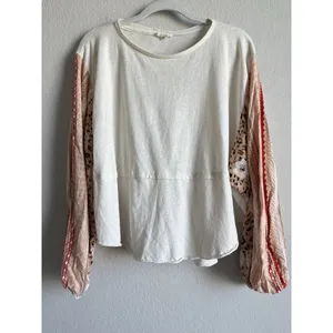 Easel Women’s Large Boutique Cream Patchwork‎ Flare Balloon Long Sleeve Top Boho thumbnail 7